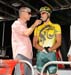 Race annoucer Louis Bertrand interviews Scott Zwizanski before the start  		CREDITS:   		TITLE: Tour de Beauce  		COPYRIGHT: Rob Jones/www.canadiancyclist.com